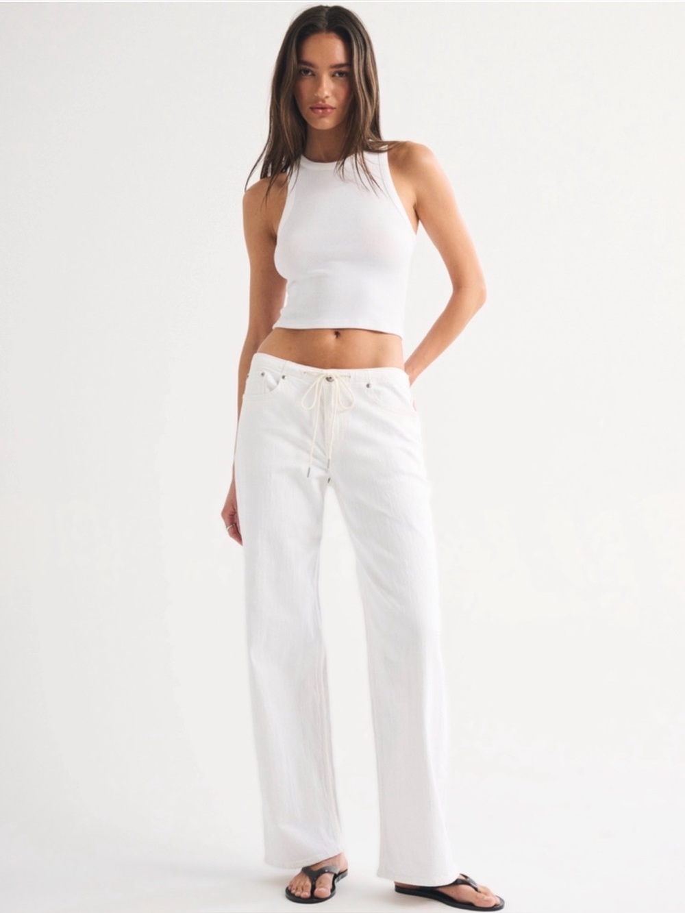 Abercrombie & Fitch White Wide-Leg Drawstring Jeans